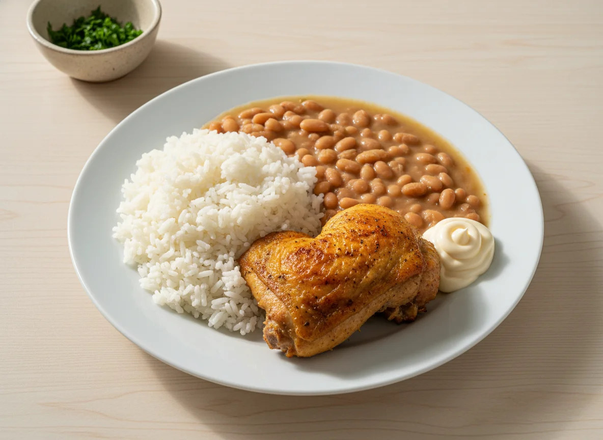 Arroz com feijão e frango assado photo