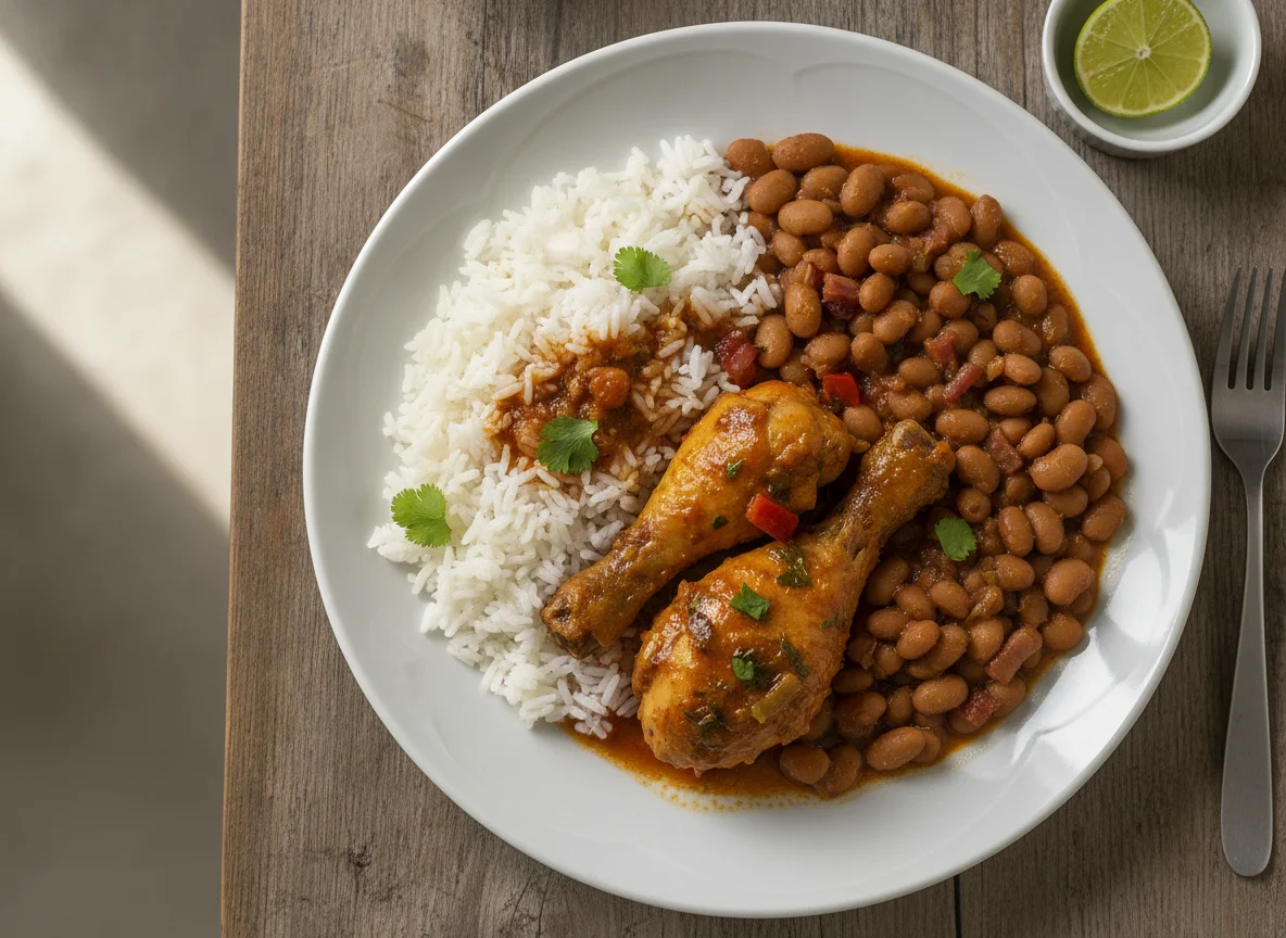 Arroz com feijão e frango ensopado photo