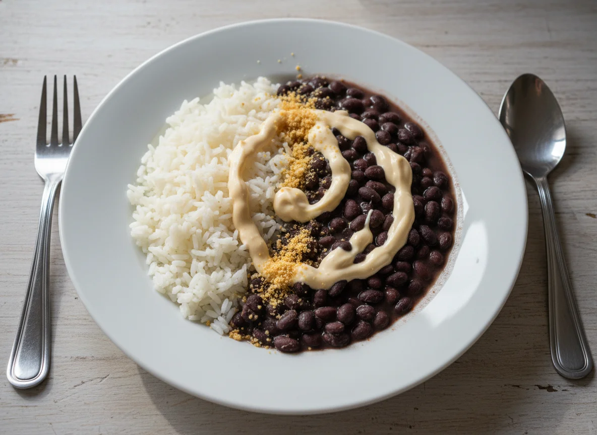 Arroz com feijão e molho cremoso photo