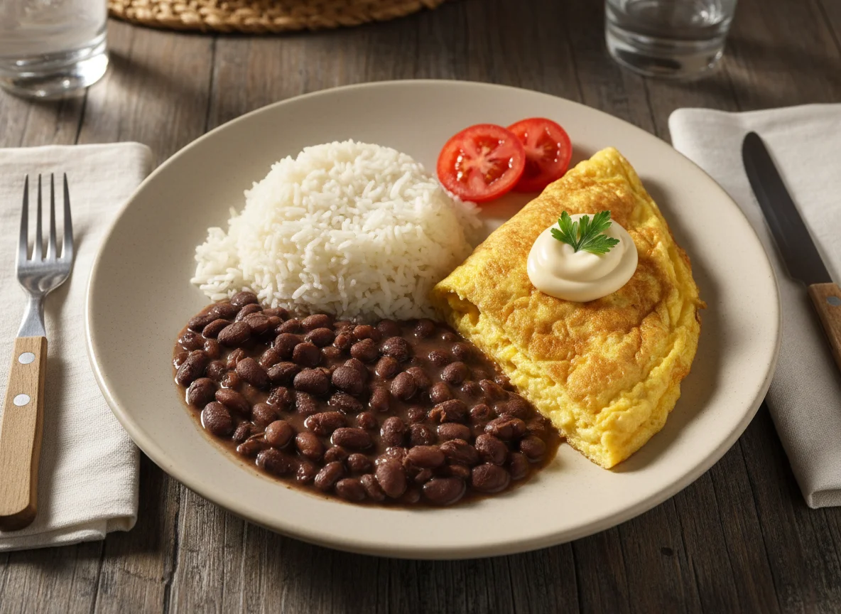 Arroz com feijão e omelete com maionese photo