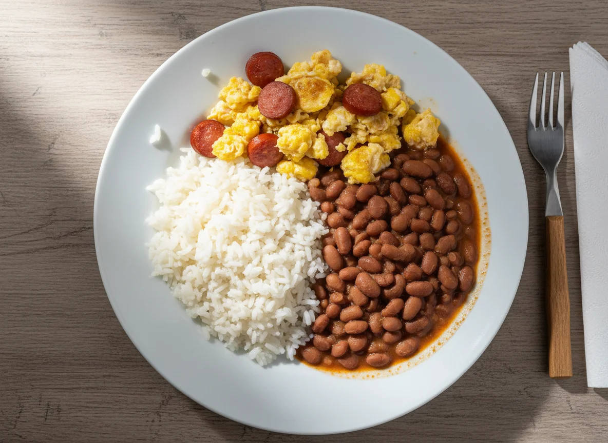 Arroz com feijão e ovos mexidos photo