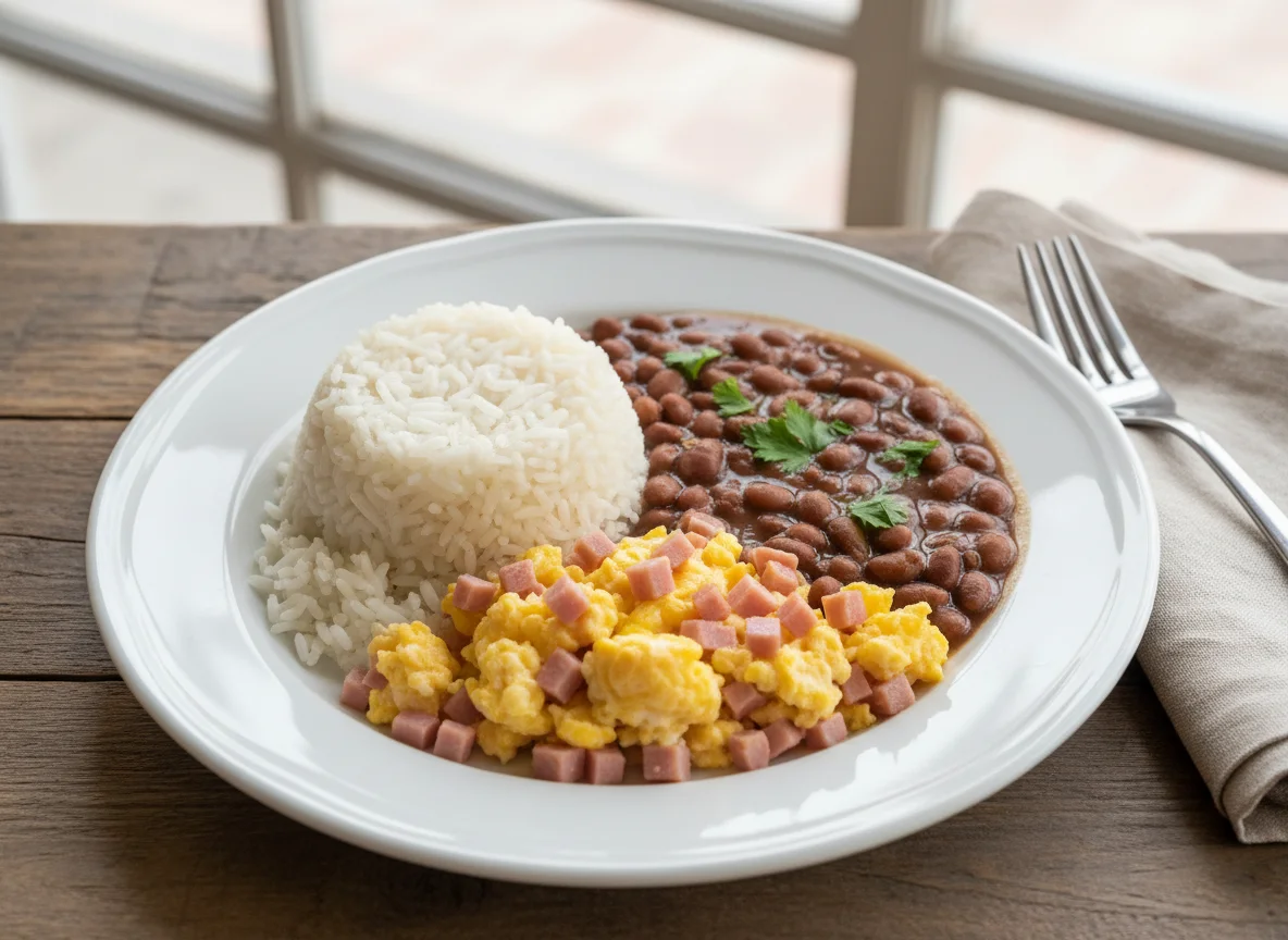 Arroz com Feijão e Ovos Mexidos com Presunto photo