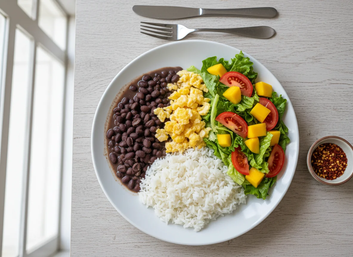 Arroz com feijão e ovos mexidos com salada de alface, tomate e manga photo