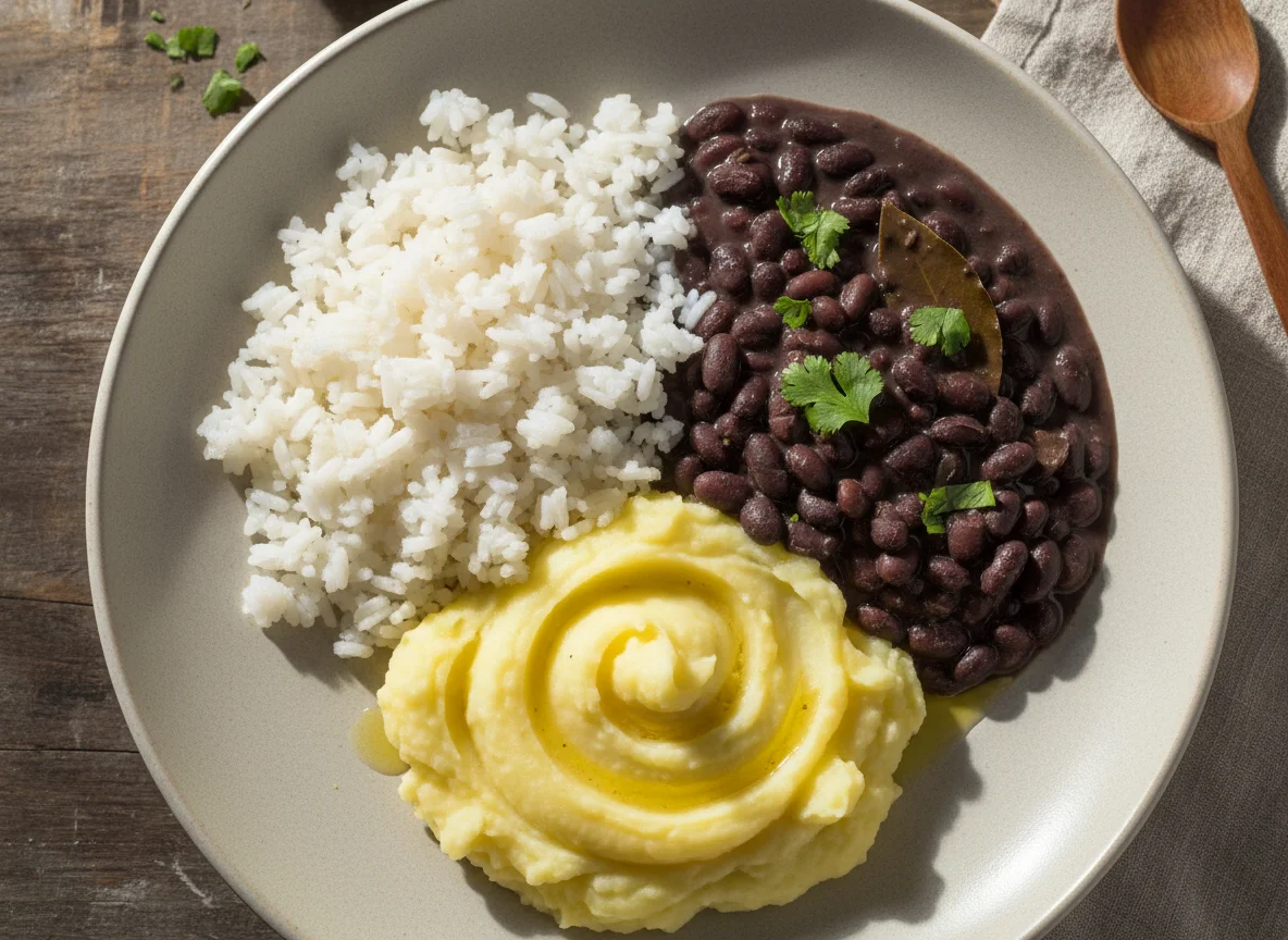 Arroz com feijão e purê de batata photo