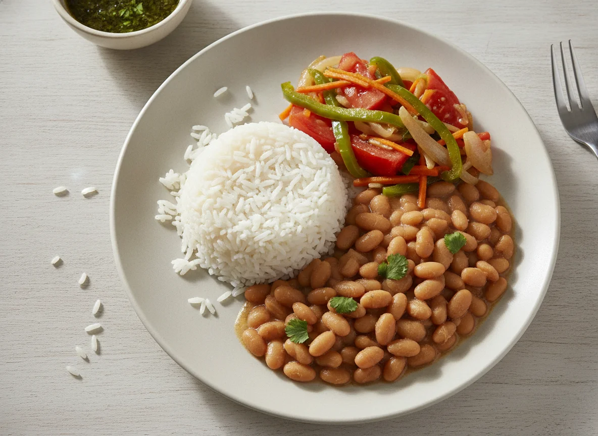 Arroz com feijão e refogado de legumes photo