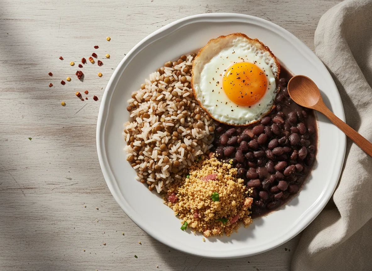 Arroz com feijão, farofa e ovo frito photo