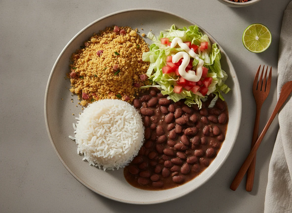 Arroz com feijão, farofa e salada photo