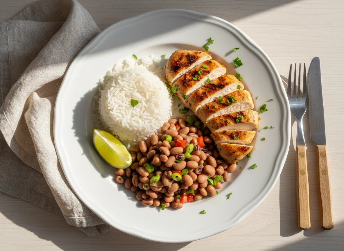 Arroz com feijão fradinho e frango grelhado photo