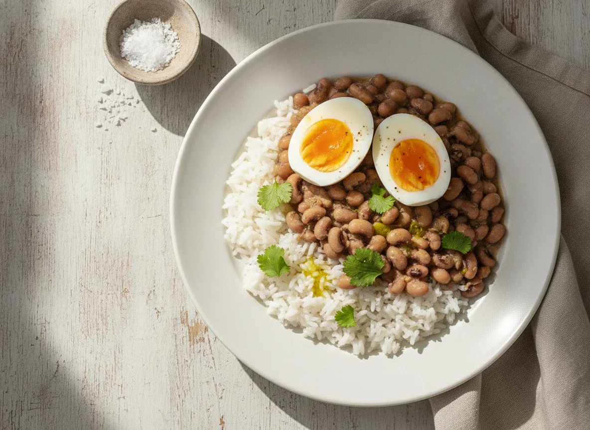 Arroz com feijão fradinho e ovos cozidos photo