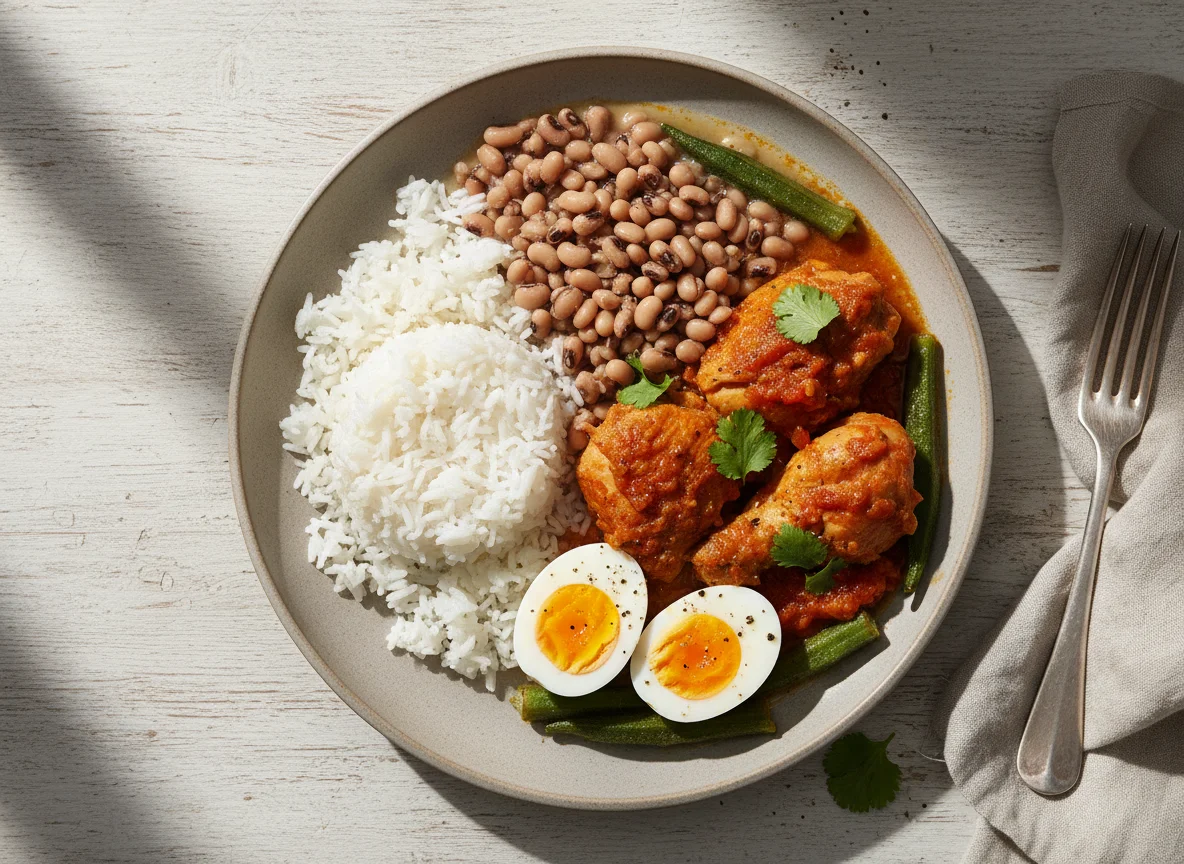 Arroz com feijão fradinho, frango ao molho e ovos cozidos photo