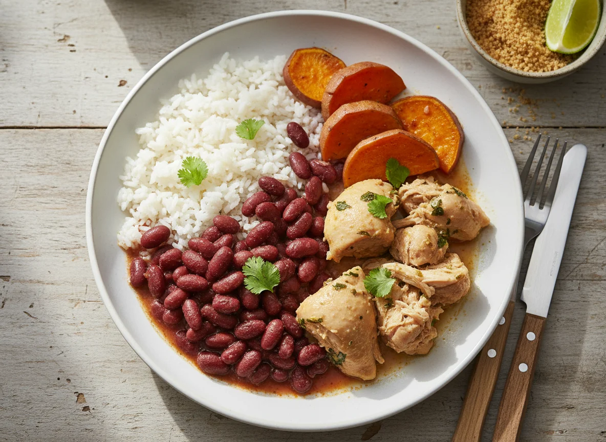 Arroz com feijão, frango e batata doce photo