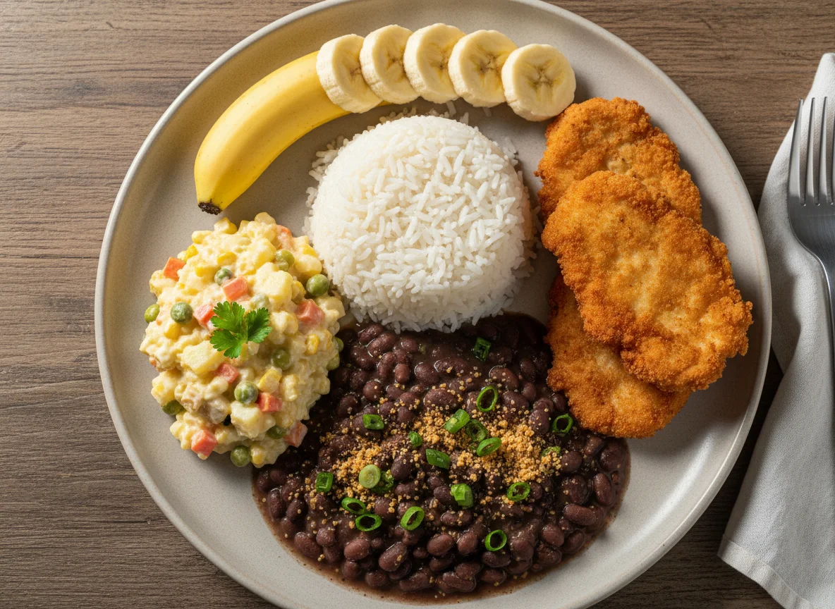Arroz com feijão, frango e maionese photo