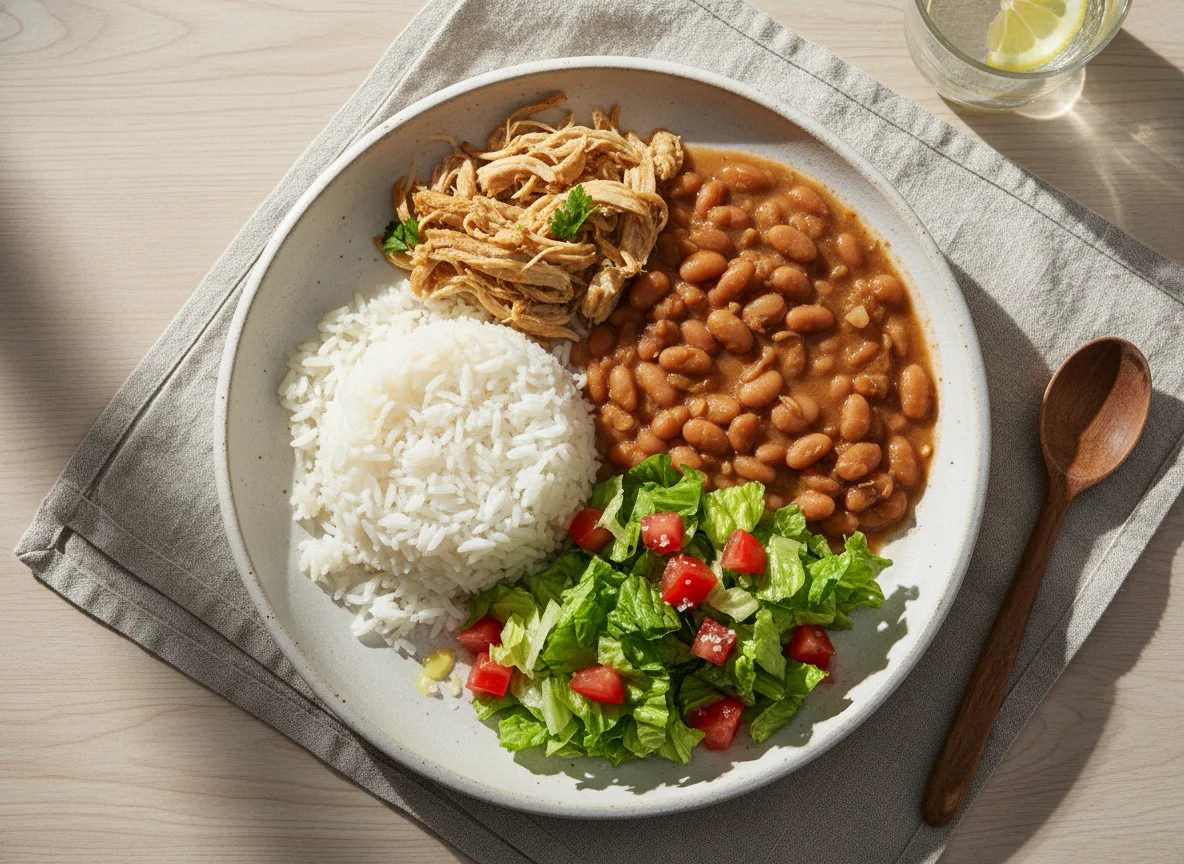 Arroz com feijão, frango e salada photo
