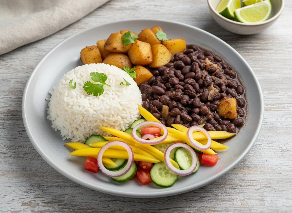 Arroz com feijão, frango e salada de manga photo