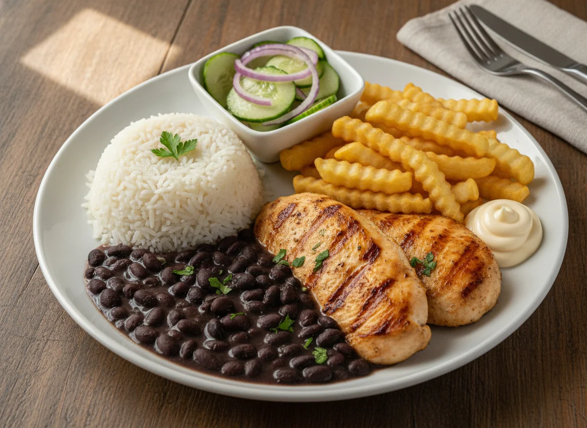 Arroz com feijão, frango grelhado e batatas fritas photo