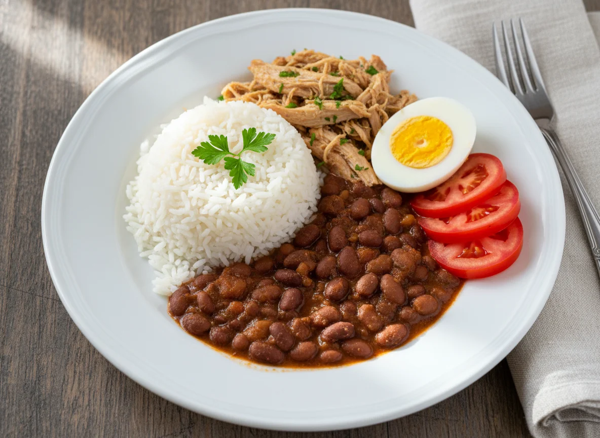 Arroz com feijão, frango, ovo cozido e tomate photo
