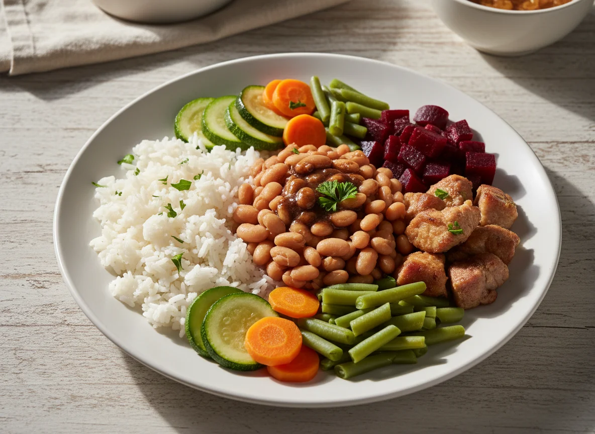 Arroz com feijão, legumes e carne de porco photo