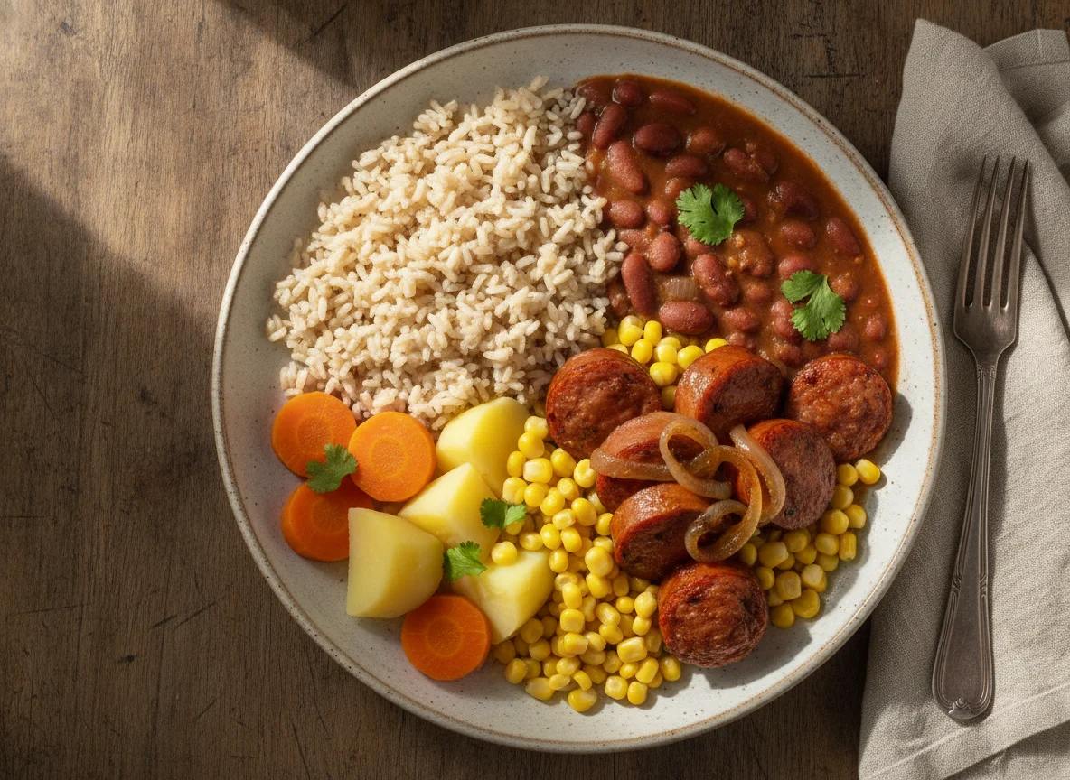 Arroz com feijão, linguiça e milho photo