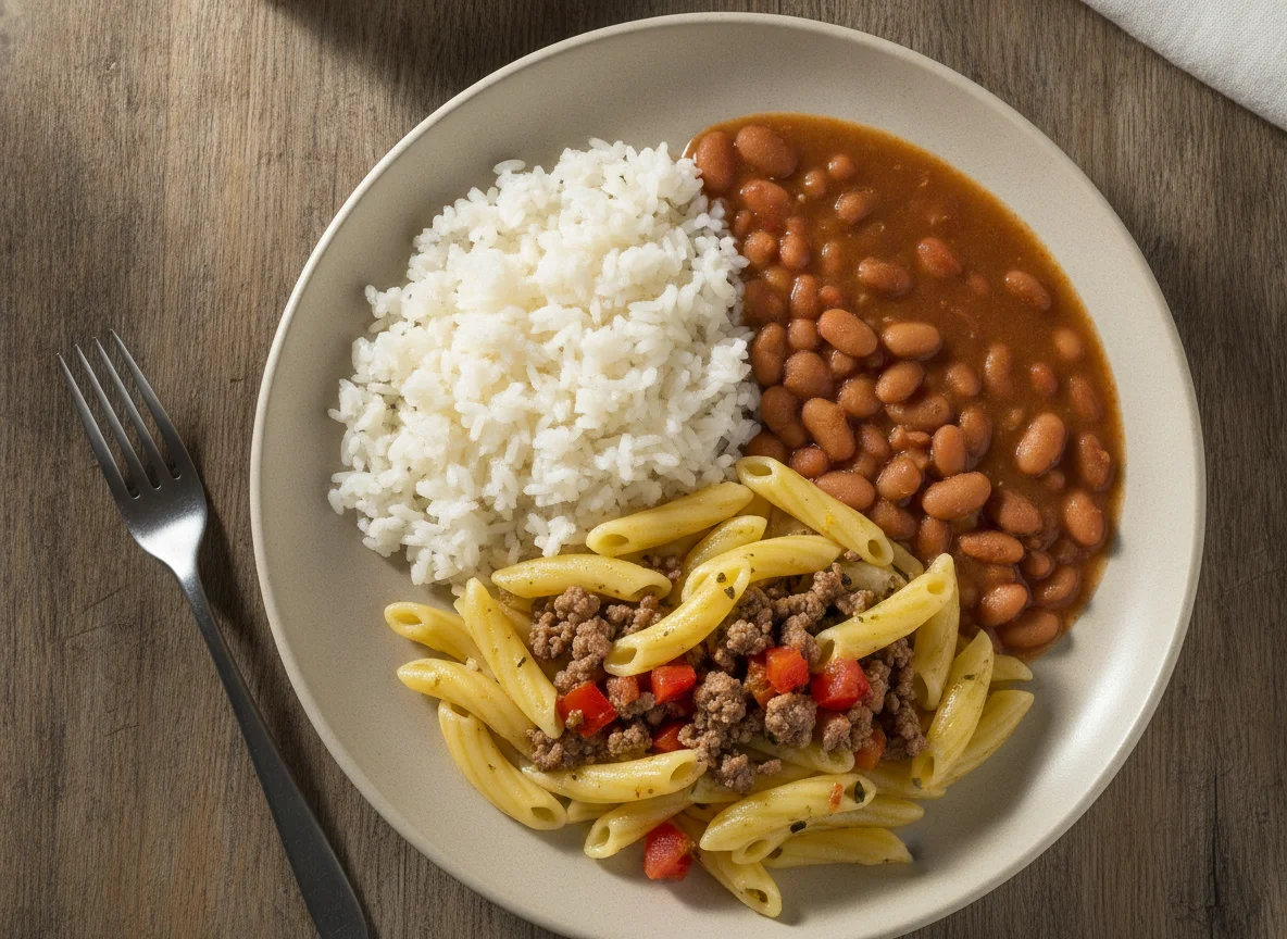 Arroz com feijão, macarrão e carne photo