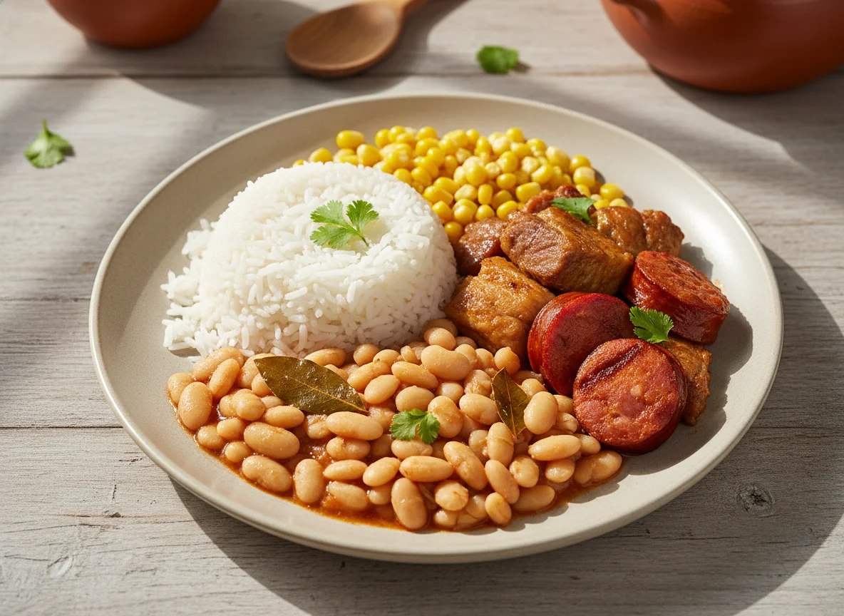 Arroz com feijão, milho, carne de porco e enchido photo