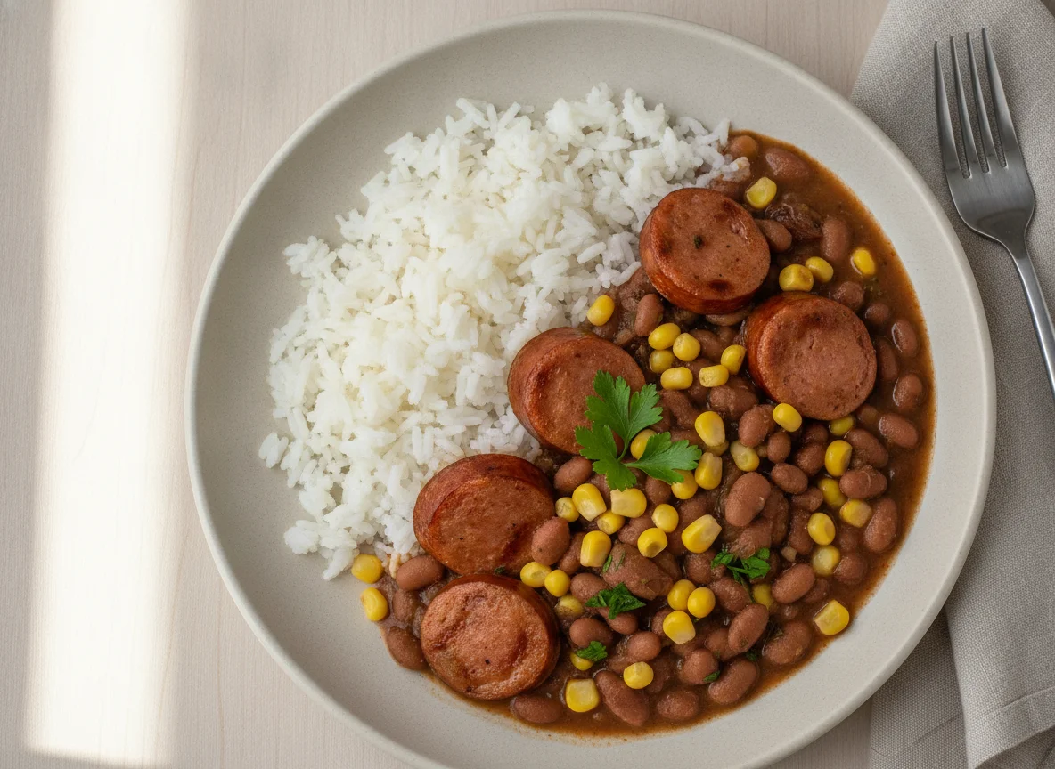 Arroz com feijão, milho e linguiça photo