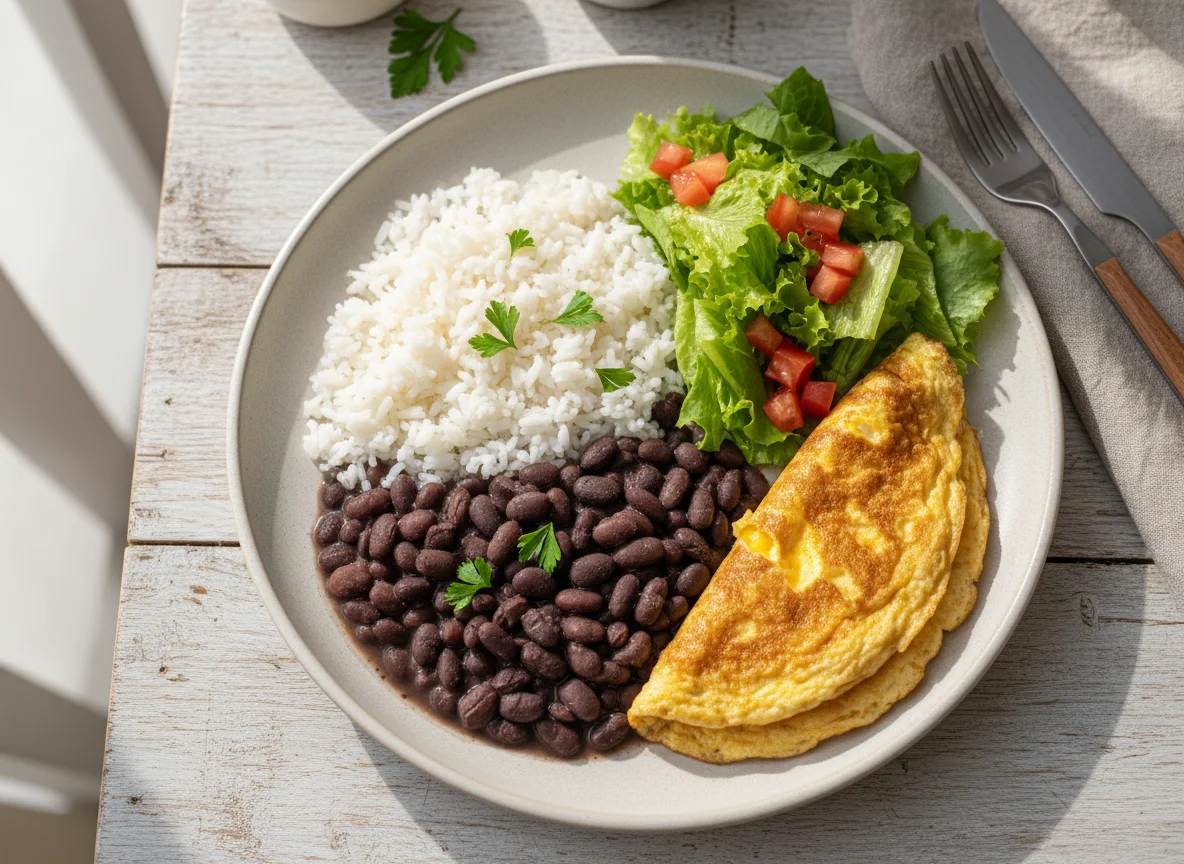 Arroz com feijão, omelete e salada photo