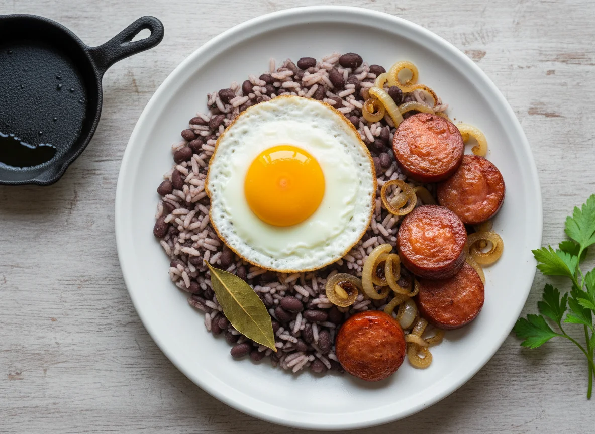 Arroz com feijão, ovo frito e linguiça photo