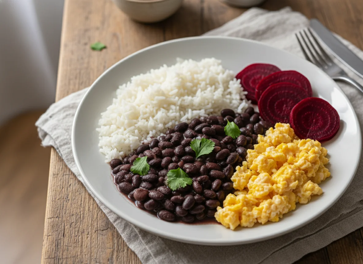 Arroz com feijão, ovos mexidos e beterraba photo