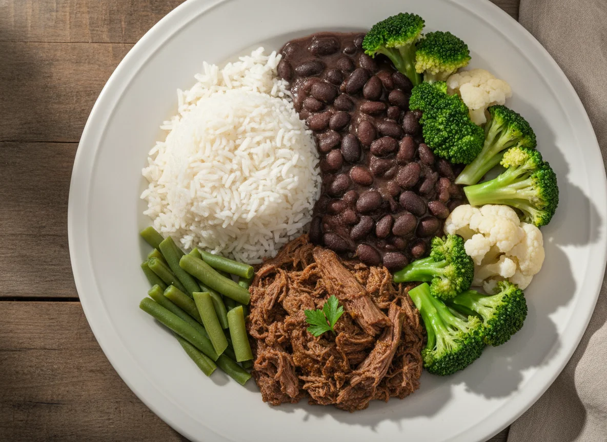 Arroz com feijão preto, carne e legumes photo