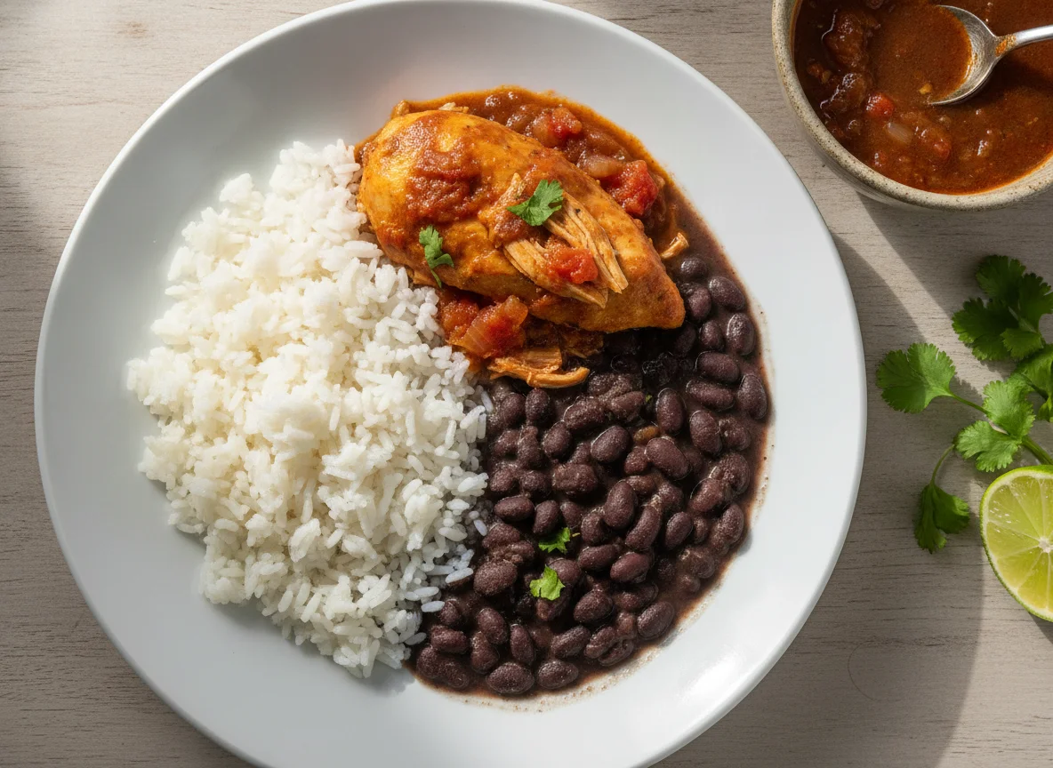 Arroz com feijão preto e frango photo