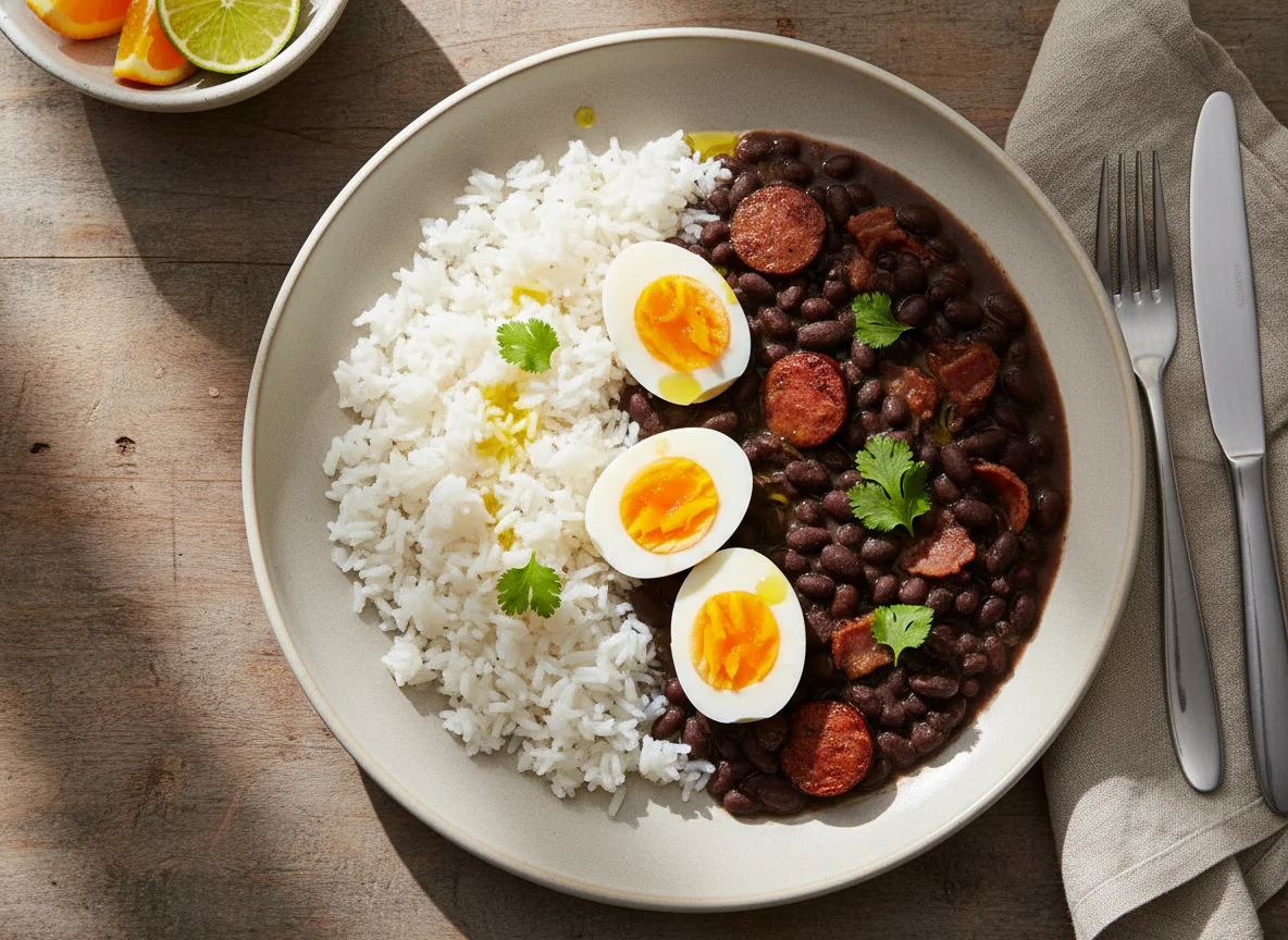 Arroz com Feijão Preto e Ovos Cozidos photo