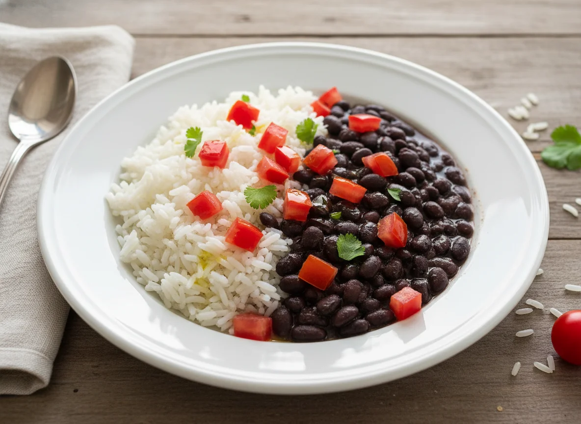 Arroz com feijão preto e tomate photo