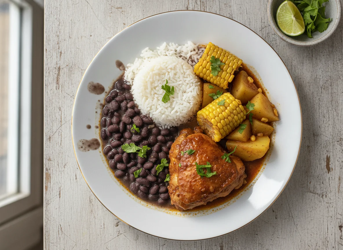 Arroz com feijão preto, frango ensopado, milho e batata photo