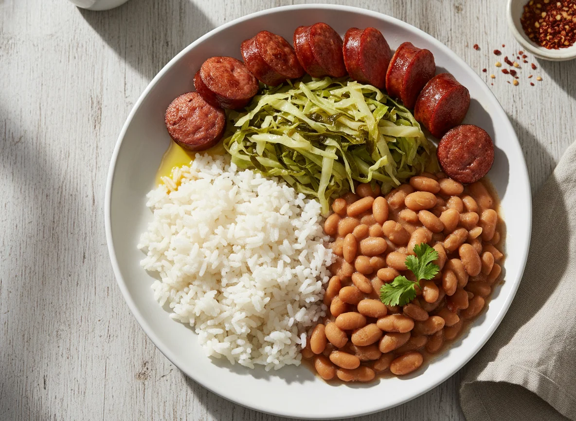 Arroz com feijão, repolho e linguiça photo