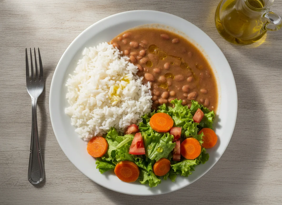 Arroz com feijão, salada de alface e tomate photo
