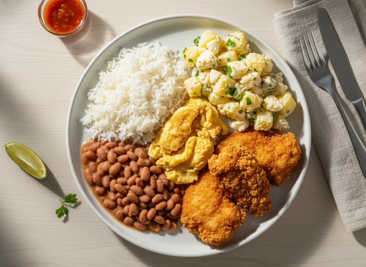 Arroz com Feijão, Salada de Batata e Frango Frito photo
