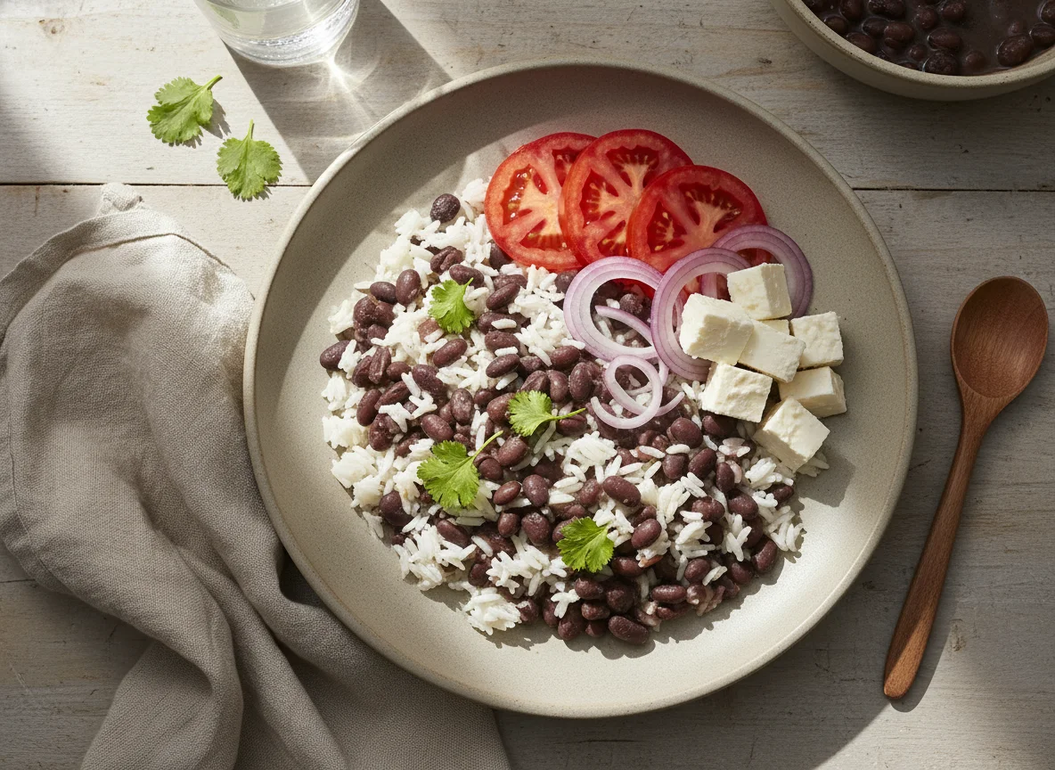 Arroz com feijão, tomate, cebola e queijo photo