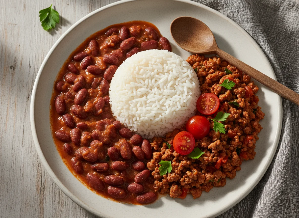 Arroz com Feijão Vermelho e Carne Picada photo