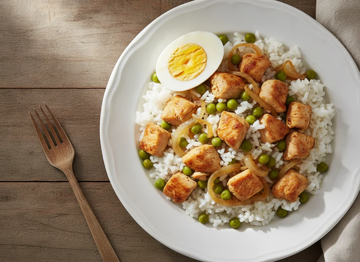 Arroz com frango acebolado, ervilhas e ovo cozido photo