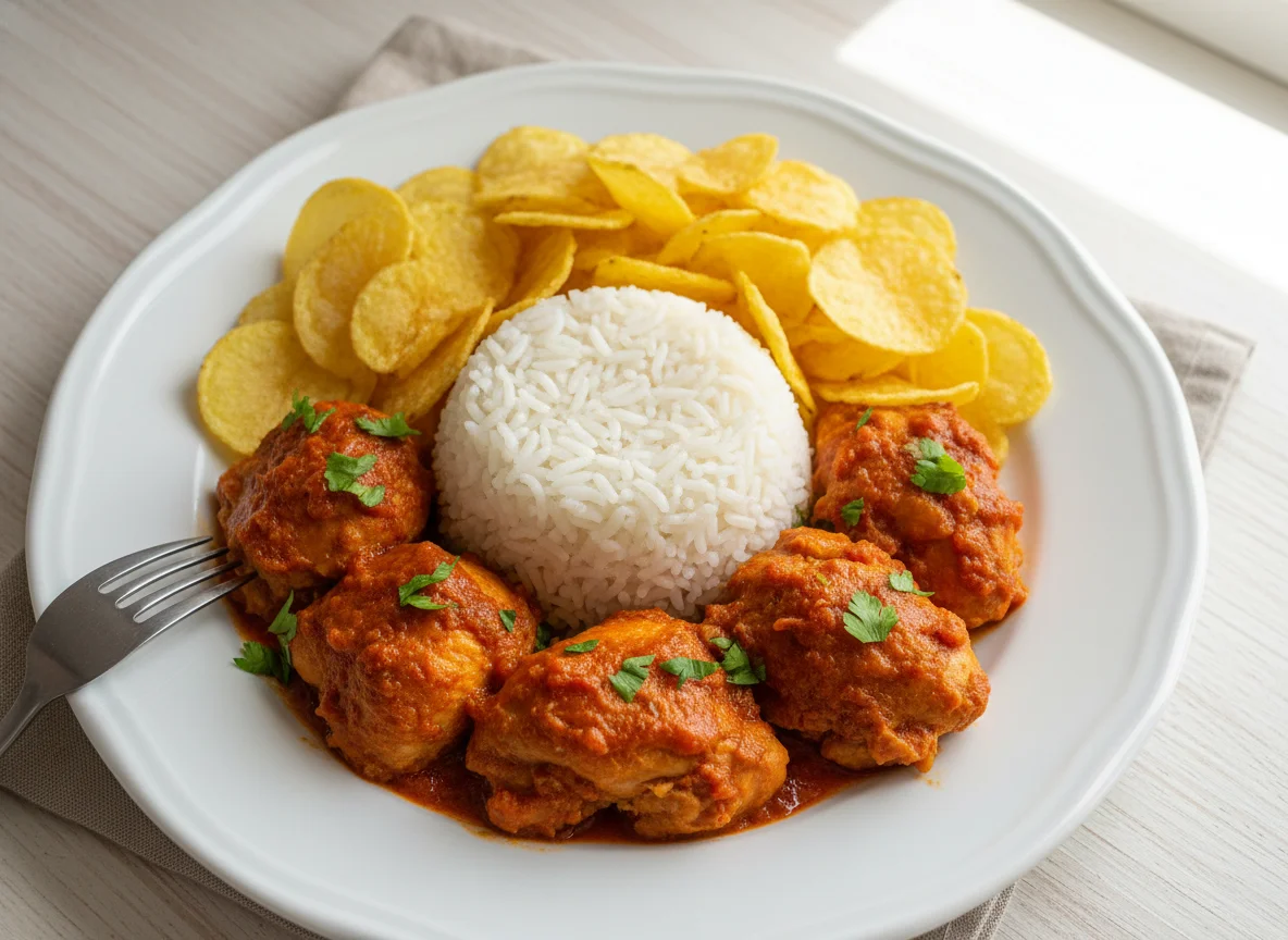 Arroz com frango ao molho e batata chips photo