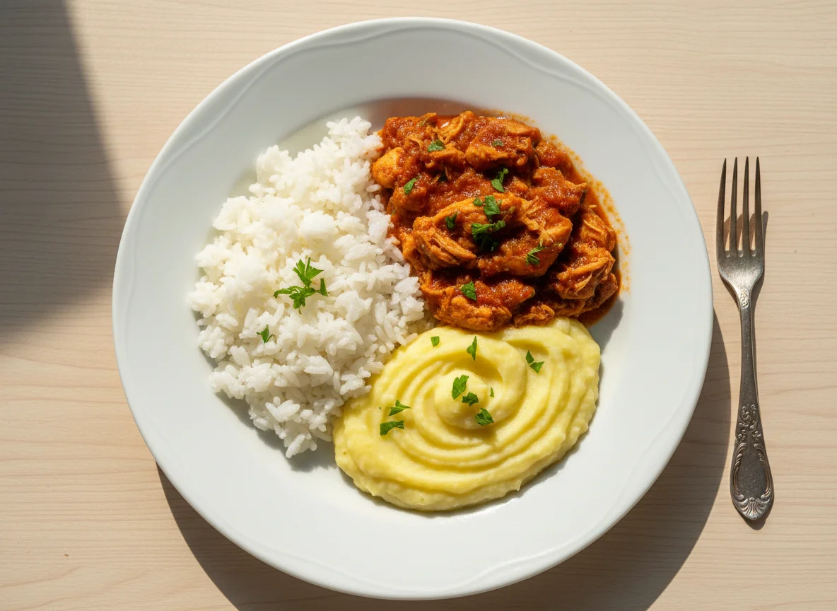 Arroz com frango ao molho e purê de batata photo