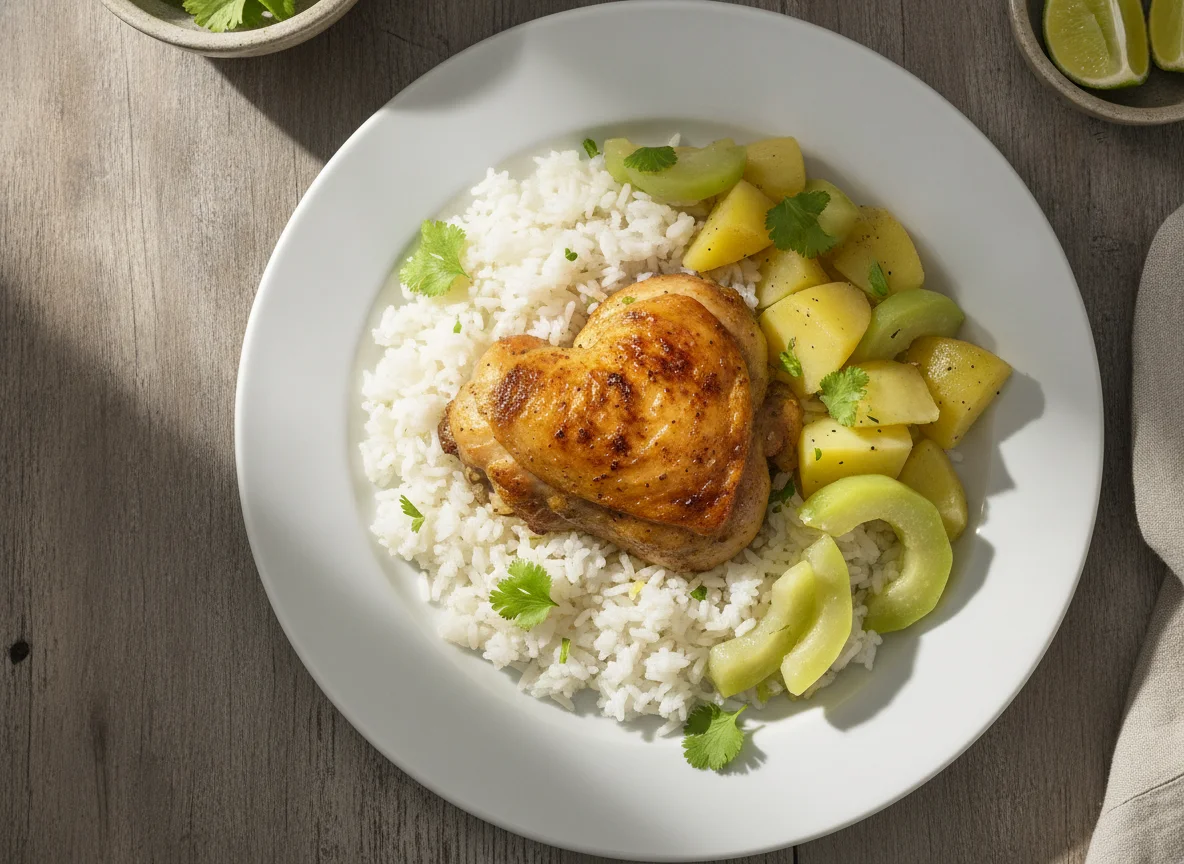 Arroz com frango assado, batatas e chuchu photo