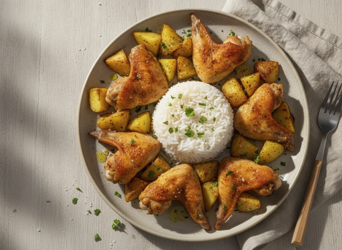 Arroz com frango assado e batatas photo
