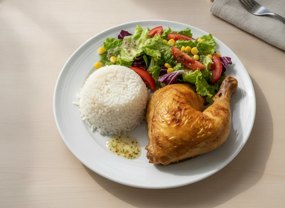 Arroz com frango assado e salada mista photo