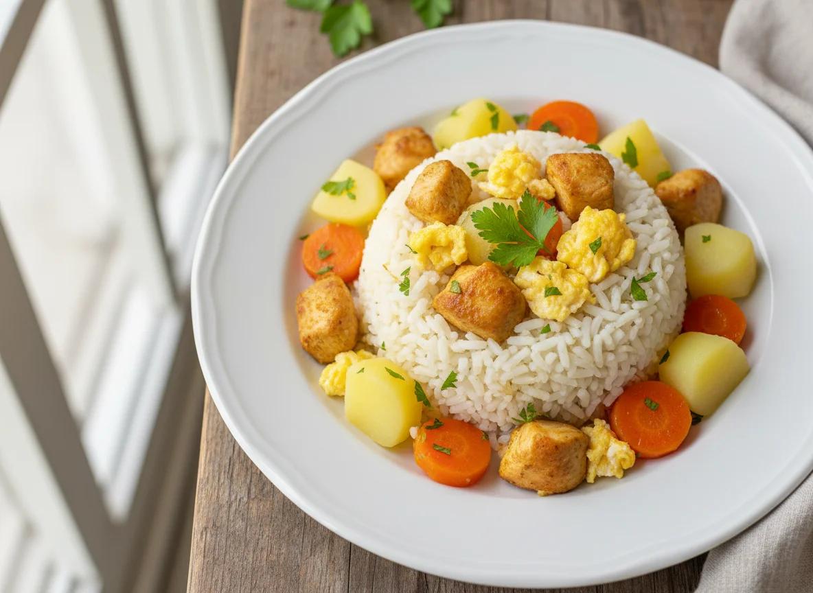 Arroz com frango, batata, cenoura e ovos mexidos photo