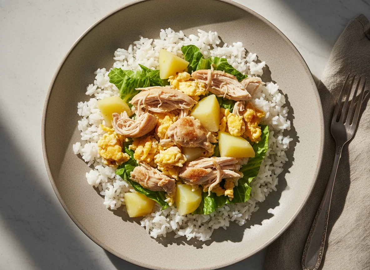 Arroz com frango, batata e alface photo