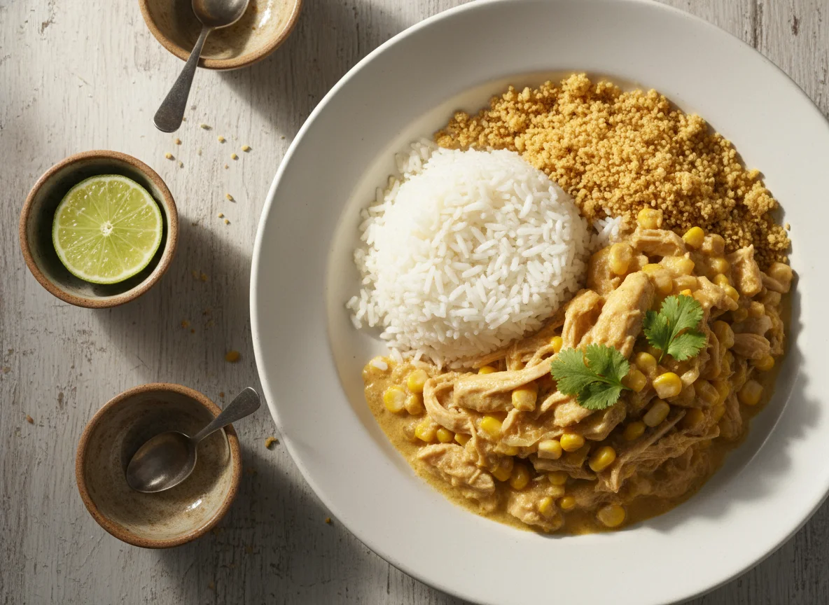 Arroz com frango cremoso e farofa photo