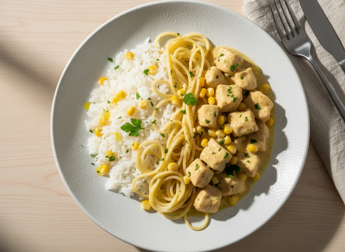 Arroz com frango cremoso e macarrão photo
