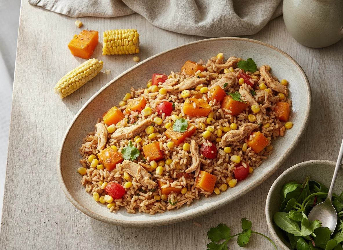 Arroz com frango desfiado, abóbora e milho photo