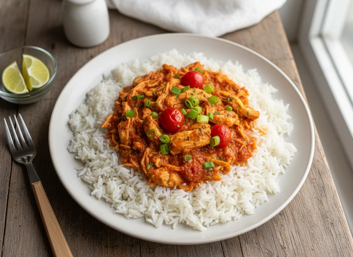 Arroz com frango desfiado ao molho de tomate photo